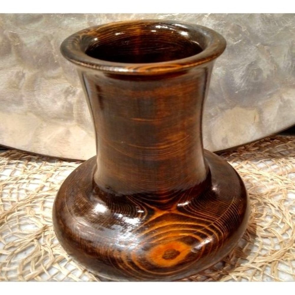 Vintage Turned Wood Vase, Natural Wood, EUC